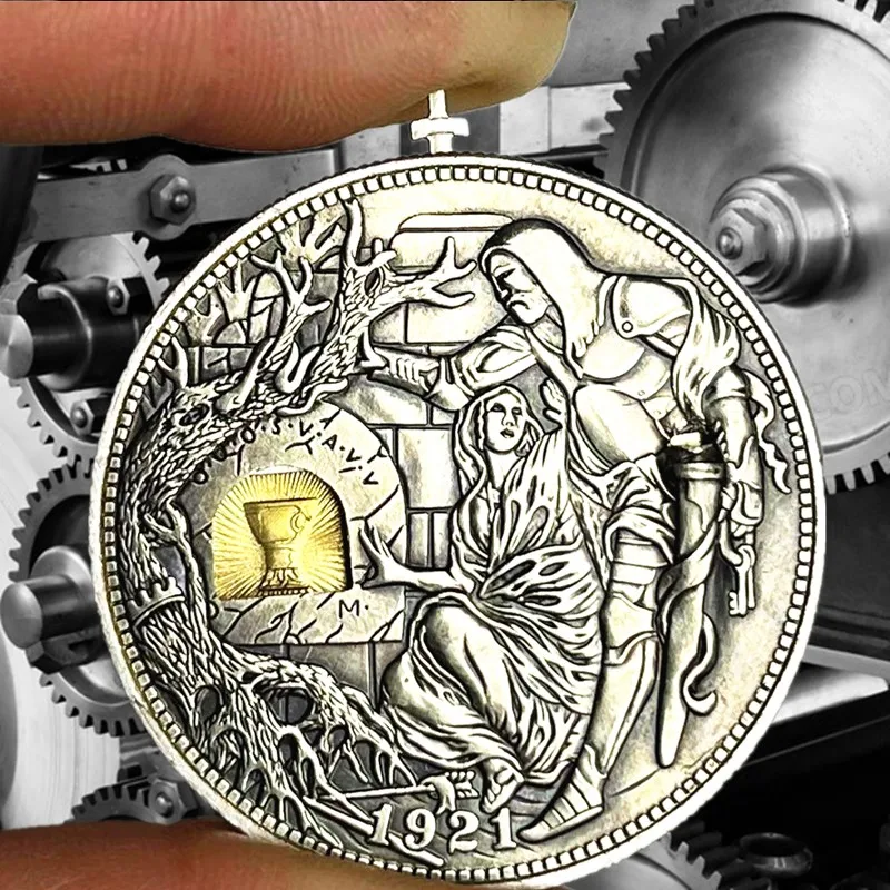 

USA Movable Mechanism Challenge Coin Hobo Nickel 1921 Holy Grail Wandering Removeable Sword Collectible Magic