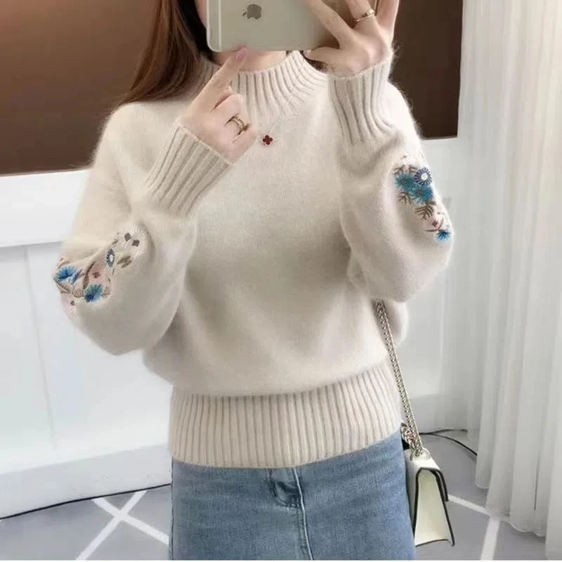 

Fashion Khaki Knitted Sweaters Women Floral Embroidery Thick Pullovers Female Long Sleeve Half Turtleneck Ladies