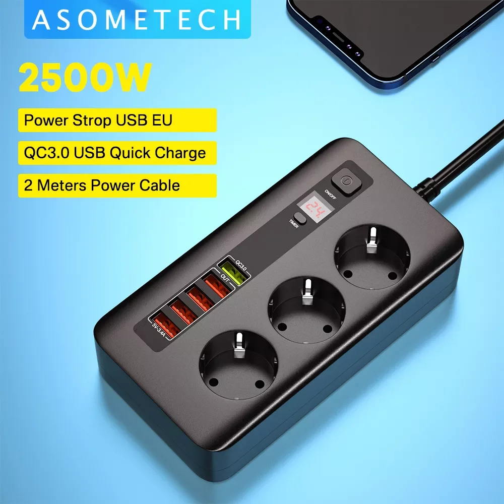 

EU Plug Power Strip 5 USB Port Charger Socket 2500W Quick Charge QC 3.0 Charger 3 EU Outlets Power Adapter for Phone Computer TV