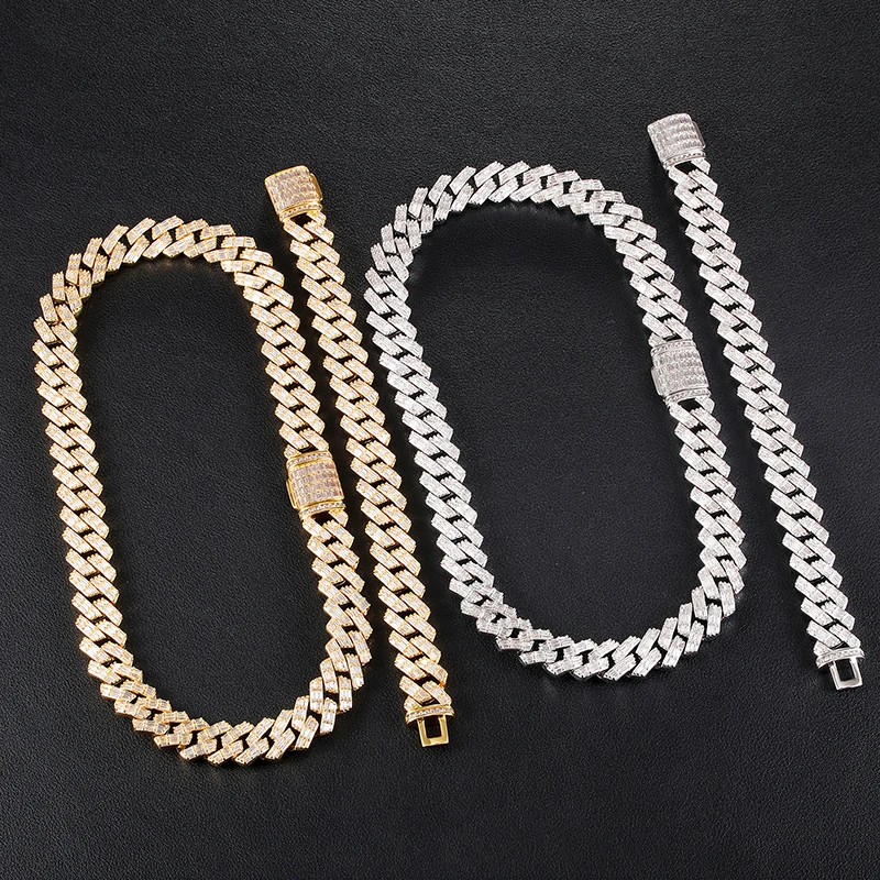 Miami Cuban Chain Hip Hop Baguette CZ Necklace For Men Gold Color Bling Zirconia Link Fashion Rock Rapper Jewelry 15mm