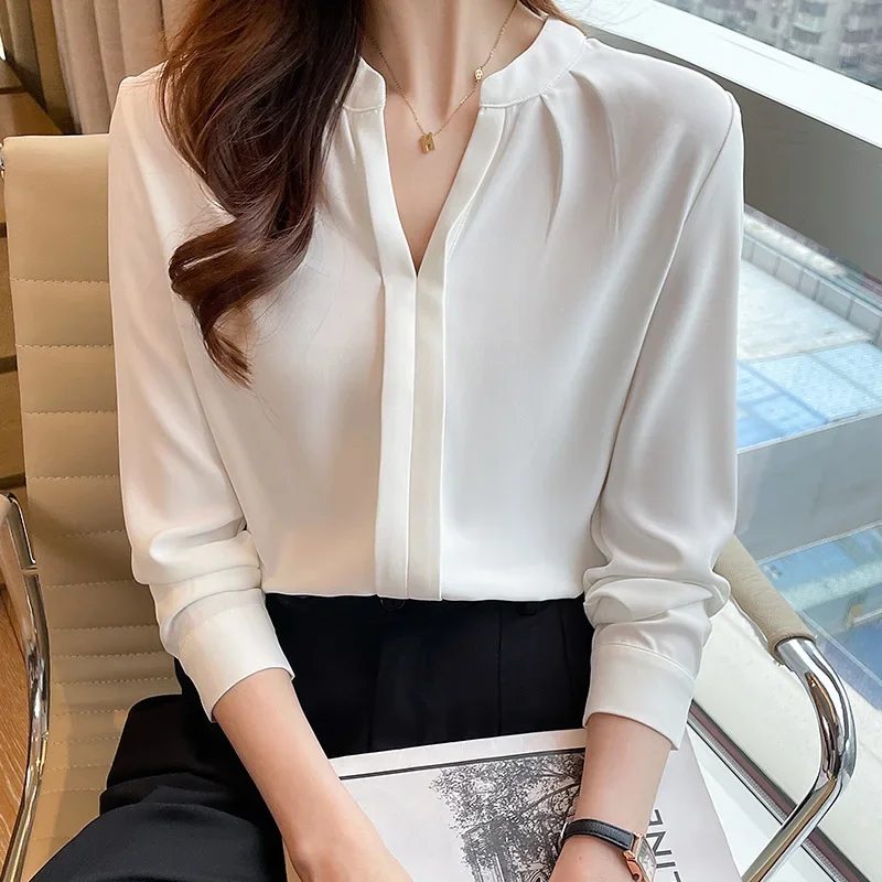 Элегантная шифоновая блузка с v-образным вырезом женская длинным рукавом новинка