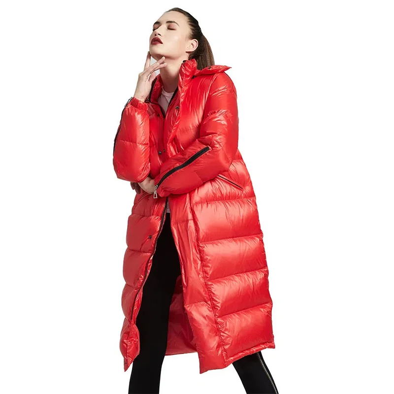 Down Jacket Women's 2022 Winter New Mid-Length Hooded Parkas Glossy Large Size Loose Thick Casual Warm 90 White Duck Down Coats