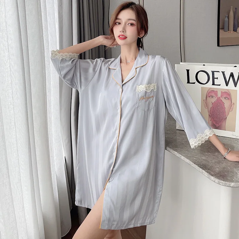 

Ice silk nightdress female spring and autumn sexy boyfriend style shirt pajamas student loose home clothes can be worn outside