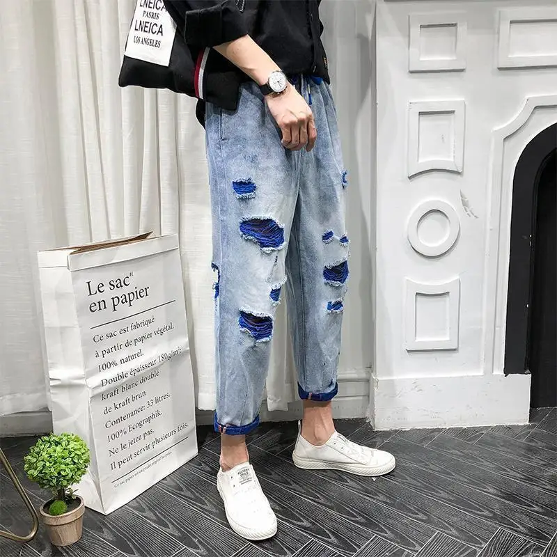 Spring and Summer New Men's Ripped Harem Pants Cropped Jeans Men's Loose Straight Fashion Brand Pants Cropped Pants