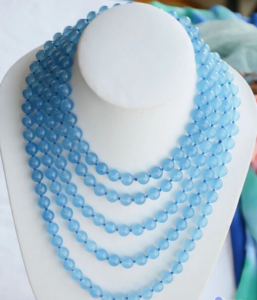 

Long 100" 10mm round blue jade bead necklace