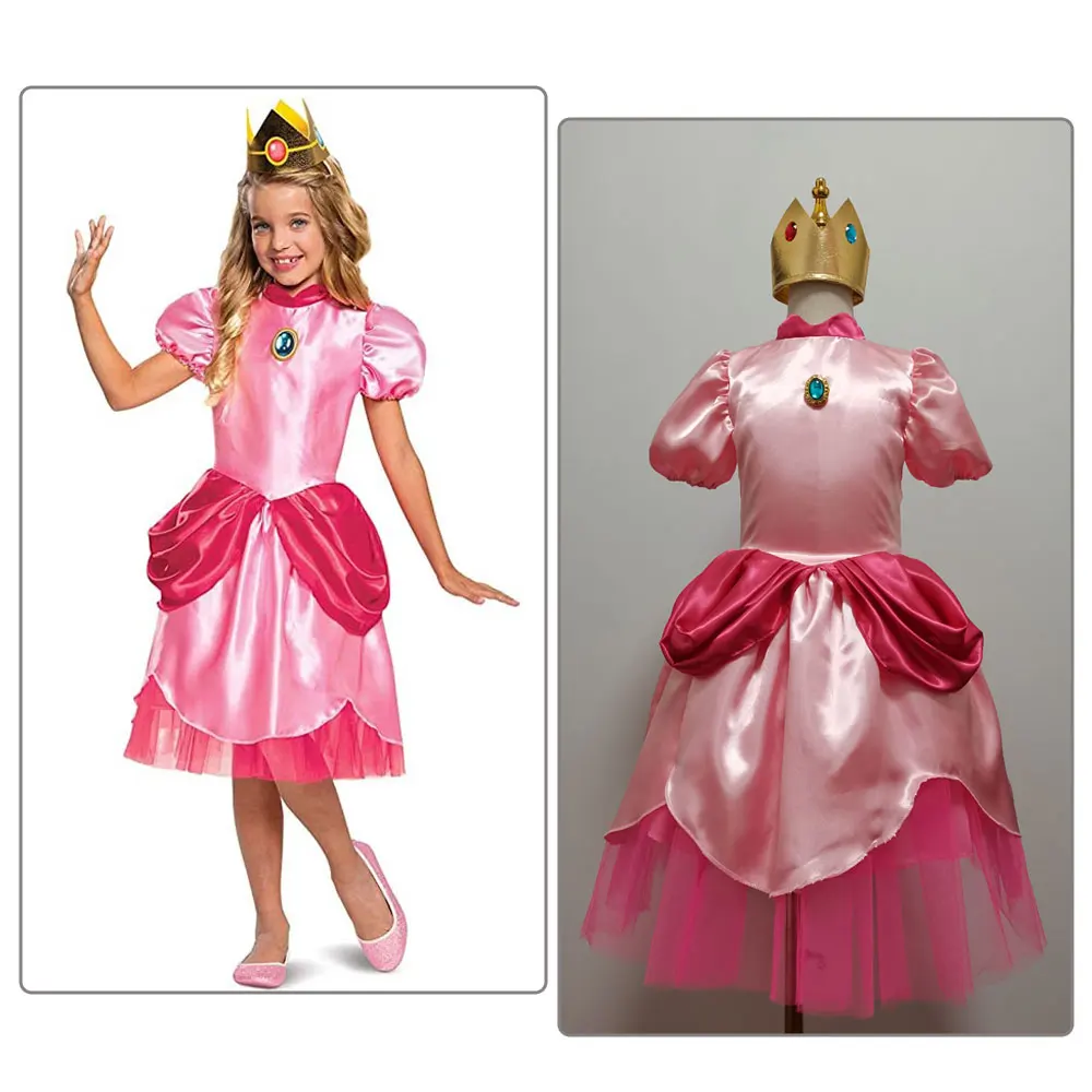 Carnival Cosplay Baby Girls Party Christmas Super Brother Cartoon Halloween Pink Princess Peach Dress Costumes with Crown