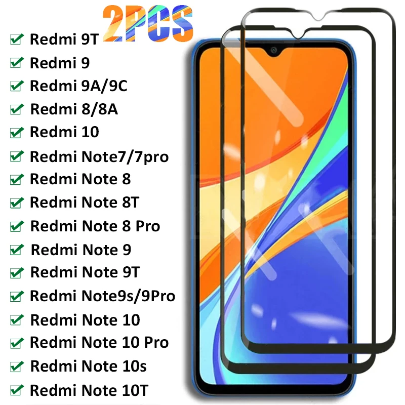 

2PCS Full Tempered Glass For Xiaomi Redmi 9T 8 8A 9 9A 9C Screen Protector Redmi Note 10s 7 8 9s Pro 8T 9T Protective Glass Film