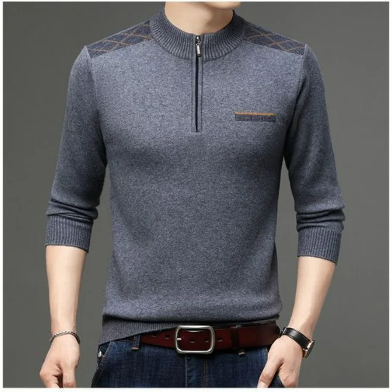 Зимний плотный теплый шерстяной свитер среднего возраста на молнии с воротником