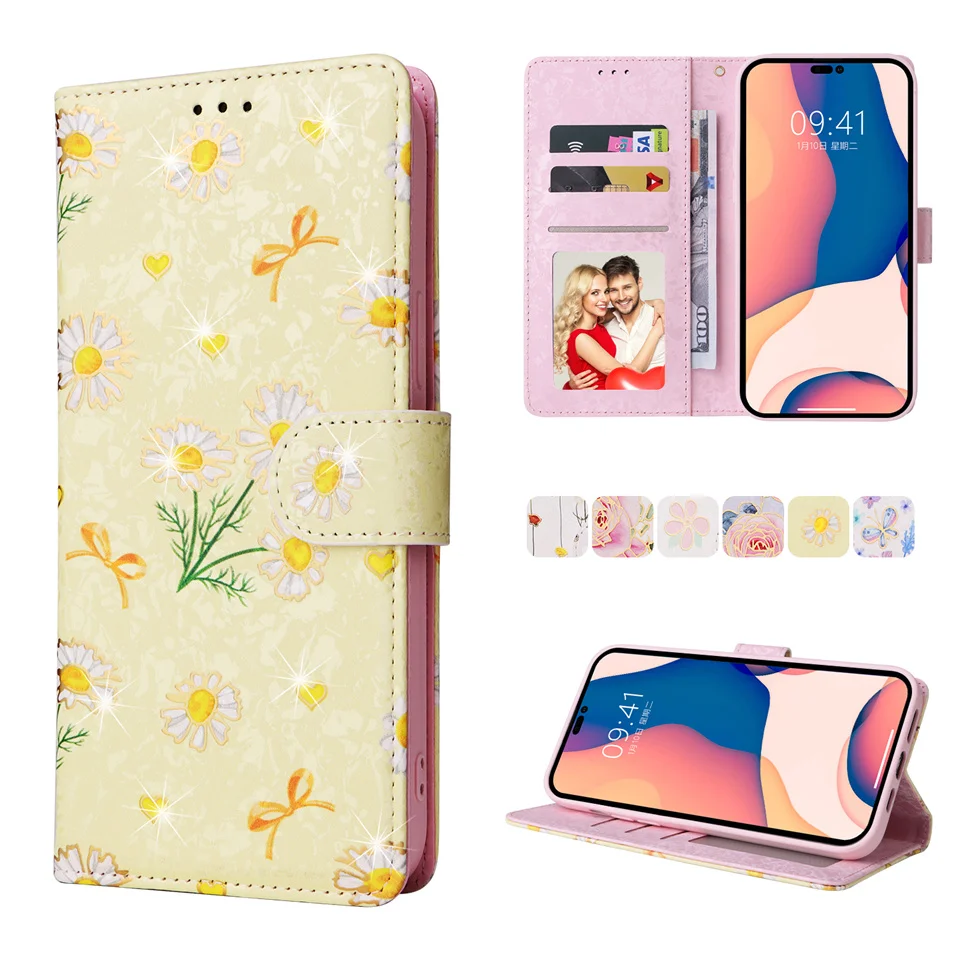 

Роскошный блестящий флип-кошелек с цветочным рисунком для IPhone 14 13 12 mini 11 Pro XS Max XR 8 7 plus SE 2020, чехол для телефона