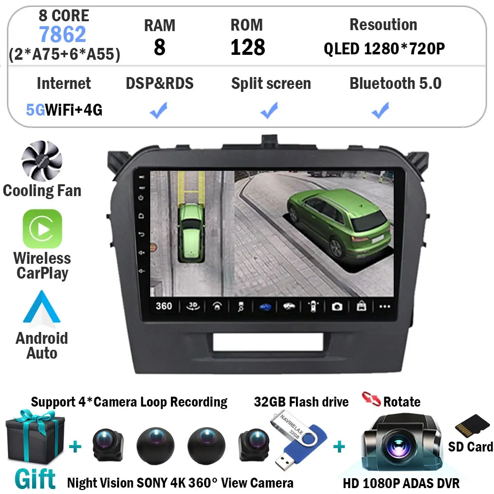 Android 15 авто Carplay стерео для Suzuki Vitara 2015 2016 2017 2018 2019 автомобильный радиоприемник мультимедийный видеоплеер навигация Gps WIFI