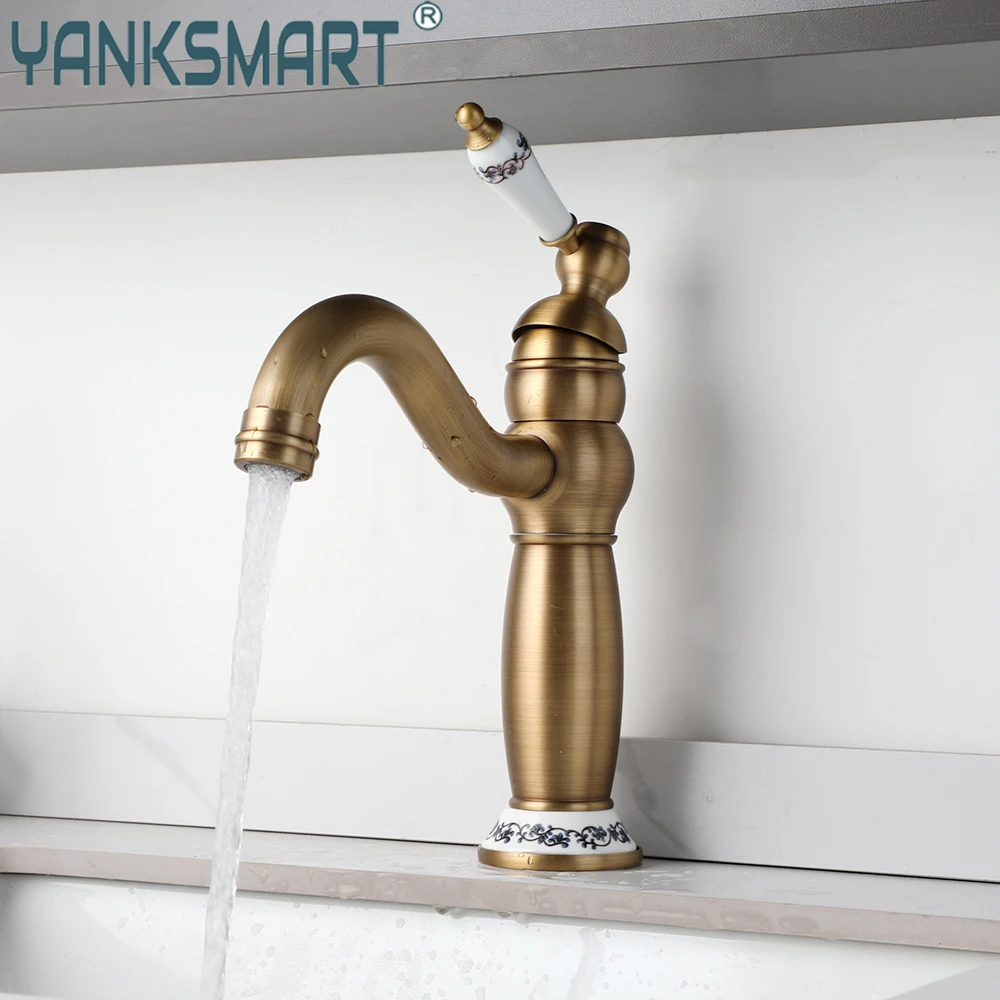 

Античный латунный Смеситель для ванной комнаты YANKSMART, поворот на 360 градусов, с горячей и холодной водой, крепление на раковину, одна ручка, смесители для раковины, смеситель, кран для воды