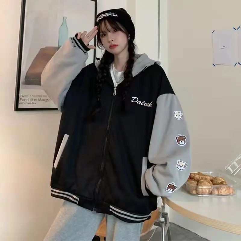 

Deeptown Zipper Hooded Jacket Women College Korean Fashion Streetwer Aesthetic 2022 Trend Autumn Winter Warm Cute Bomber Jackets