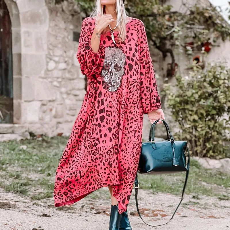 

Women Dress Summer Fashion Loose Leopard Print Skull Print Dress Women's Casual Long Sleeve Vacation Round Neck Irregular Dress