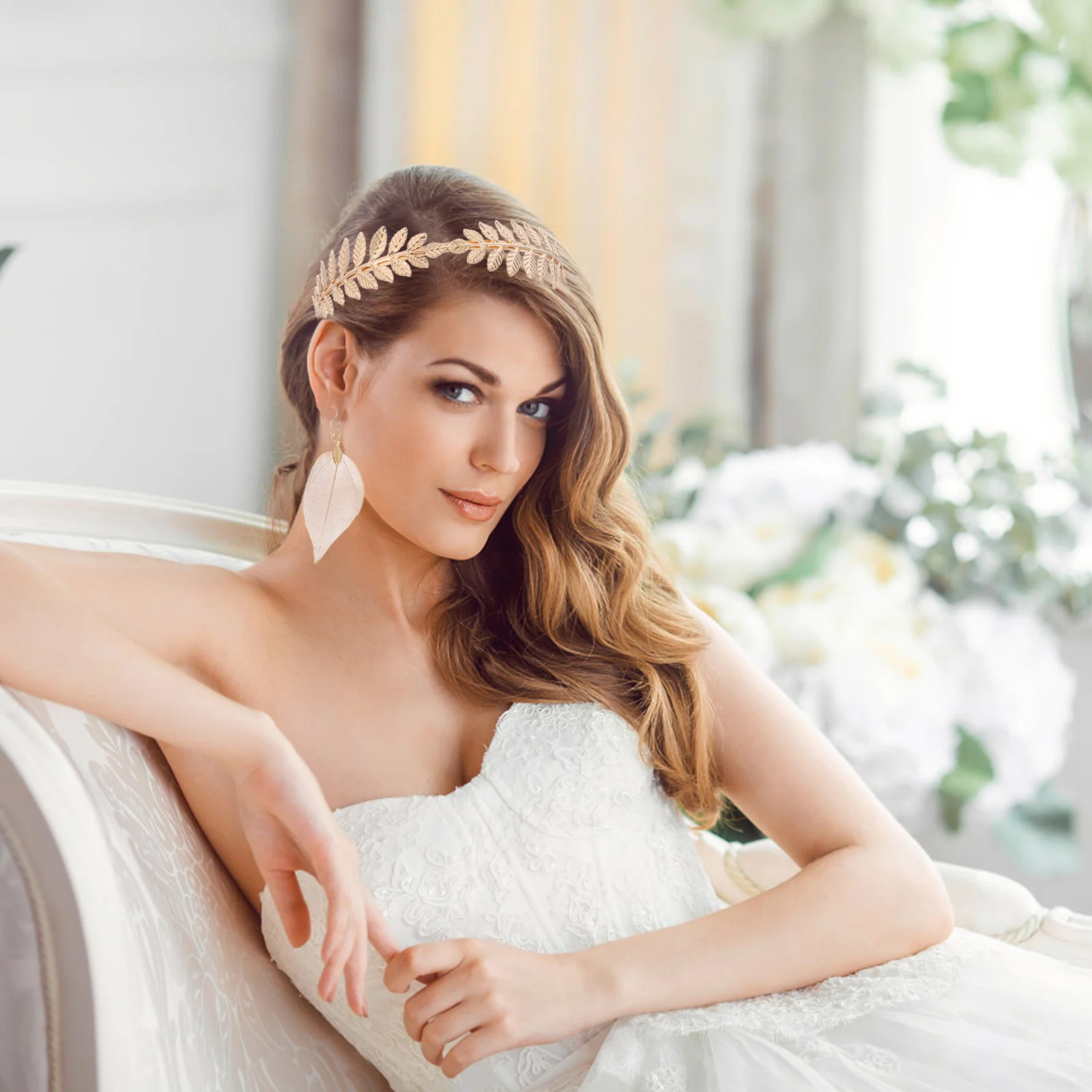 1Set Leaf Crown Headdress Armlet Earrings Bridal Jewelry Accessories Golden |