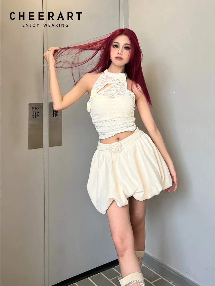 

CHEERART Y2k Fashion Lace Crop And Bud Mini Skirt Two Piece Set For Women Beige Summer Outfit 2023 New In Matching Set