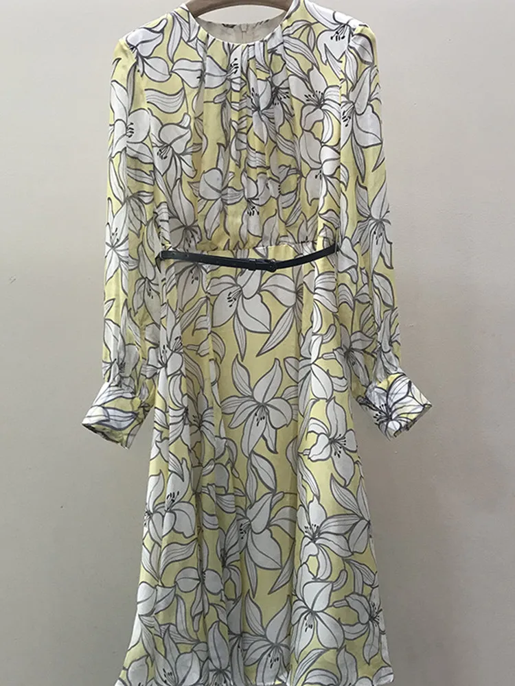 Women's Long Sleeve Dress Floral Print Belt Round Neck Pleated Female Temperament Midi Robe Spring Summer 2023