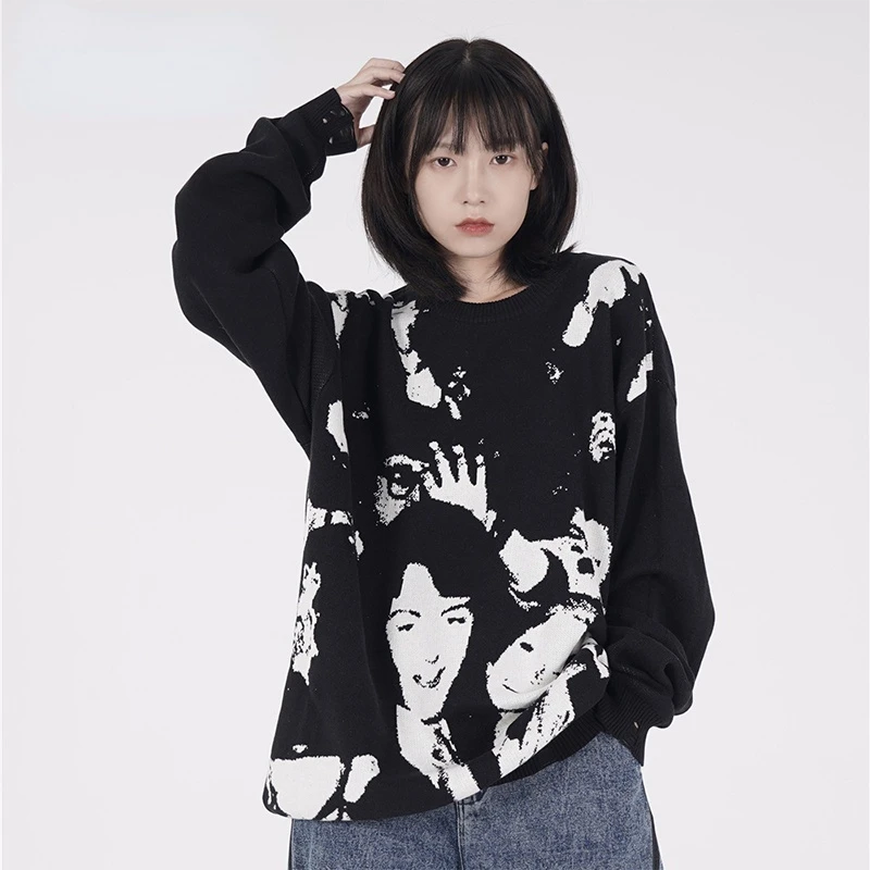 

Men's and Women's Character Jacquard Sweater Gothic Street Hip-hop Clothing 2022 Autumn and Winter Retro Warm Couple Pullovers