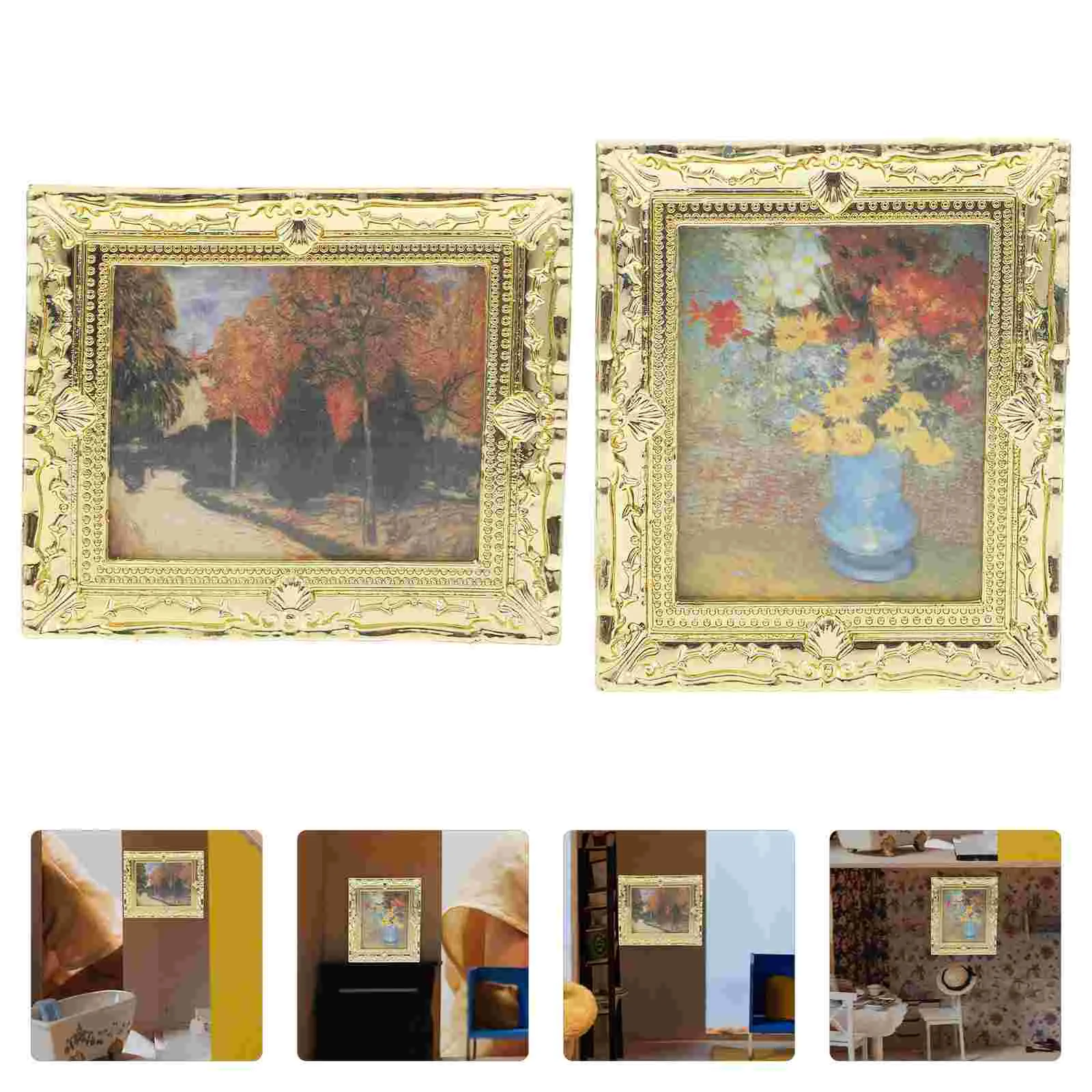 

2 Pcs Decorative Gold Oil Painting Accessories Miniature House Model Resin Picture Kit