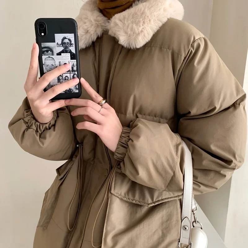 Parkas Women Winter NEW 2021 Faux Rabbit Fur Lapel Collar Windproof Short Cotton Coats Thick Warm Fashion Elegant Zipper Jacket
