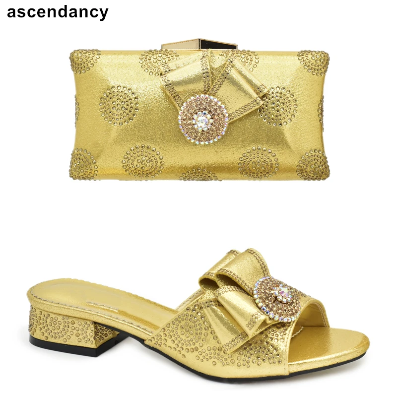 

New Fashion Africa Shoe and Bags Set Decorated with Rhinestone Wedding Shoes Bride Elegant Low Heels Nigerian Party Shoes