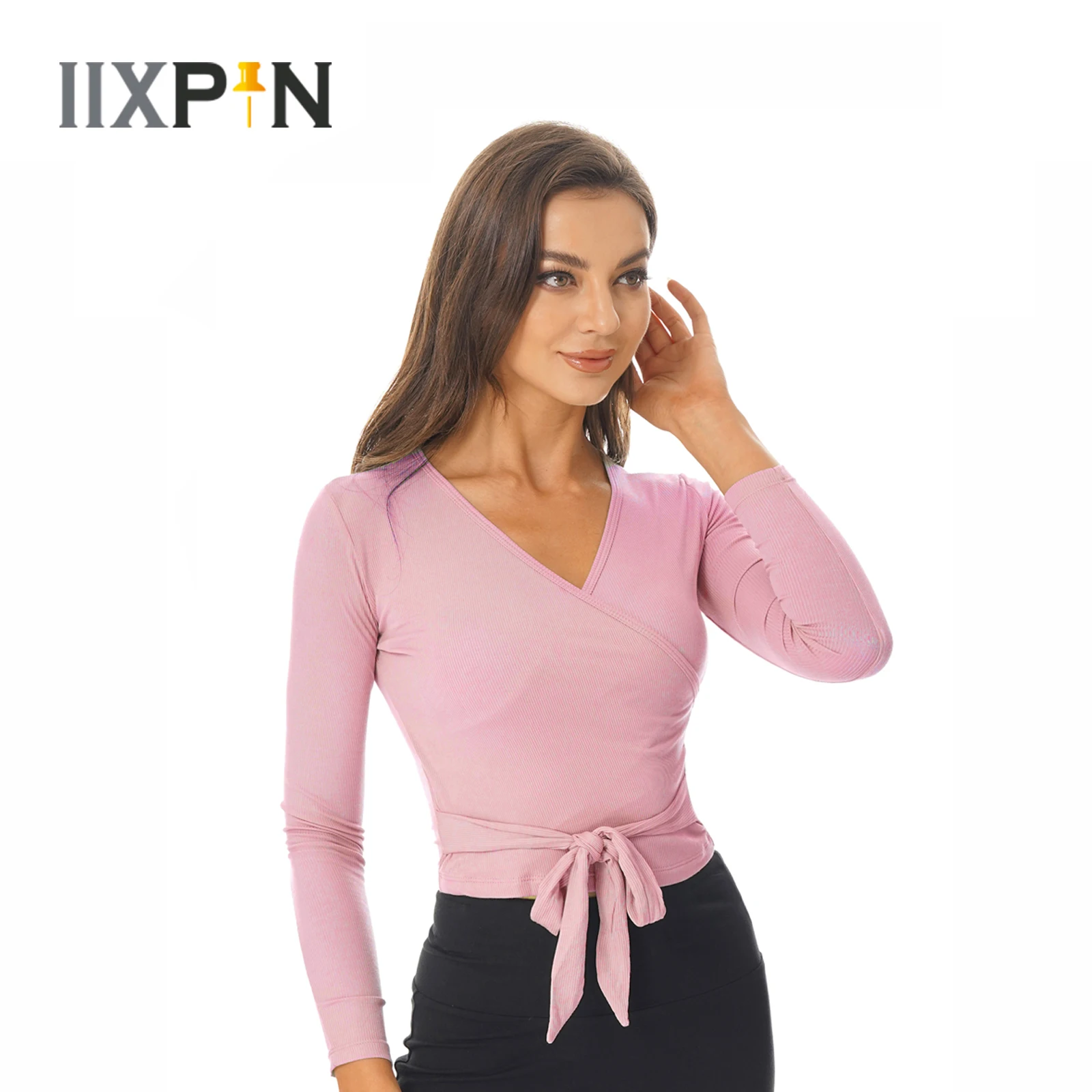 

Women Knitted Solid Color V Neck Long Sleeves Dance Tops Ballet Wrap Top Dancewear Training Tops For Gymnastics Workout Yoga