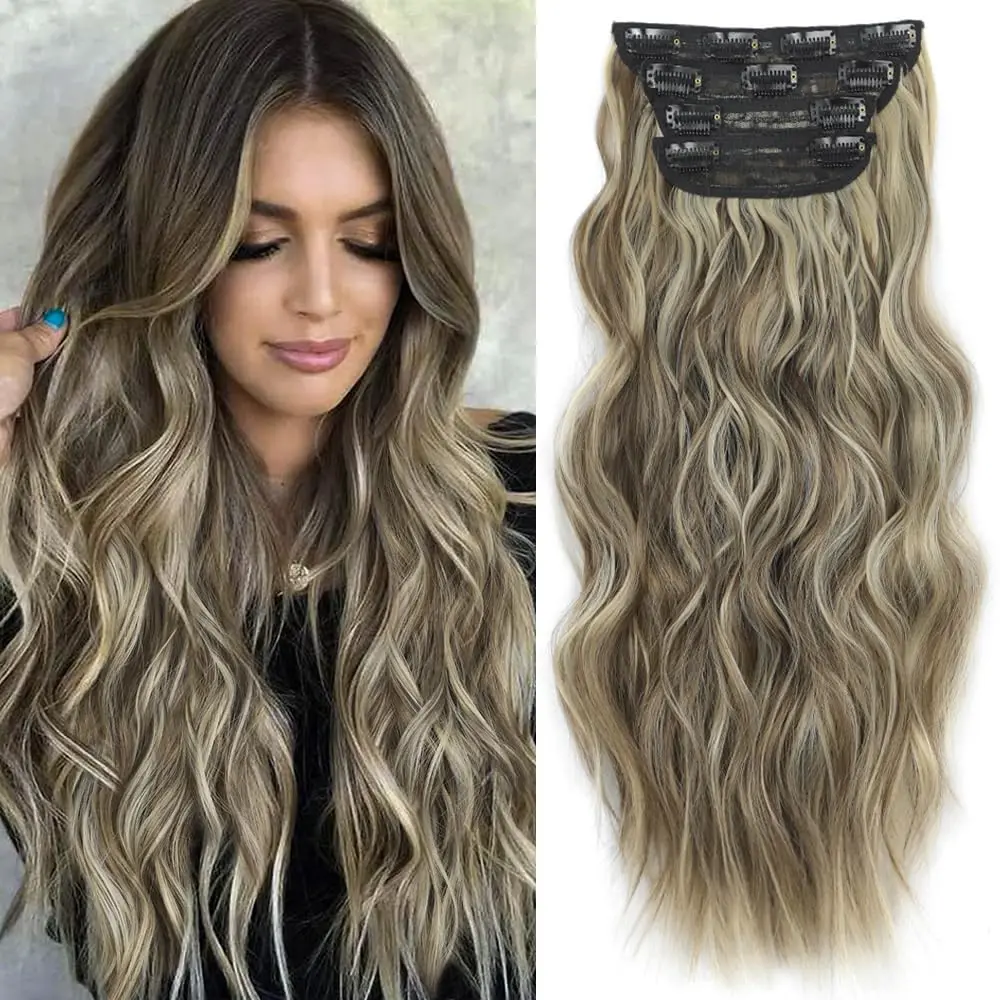 Synthetic Clip In Hair Extensions Long Wavy 6pcs/Set Clip-on Piece Ombre Black Blonde Brown Thickness Hairpieces Weave Fake Hair