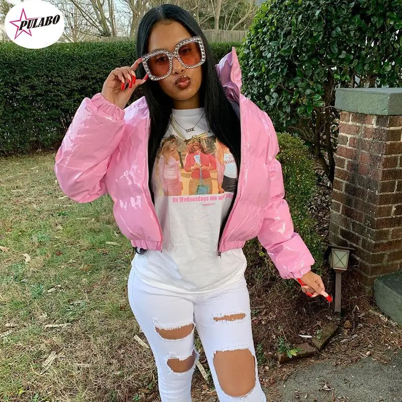 Модная Милая женская Яркая розовая пуховая куртка из искусственной кожи зимние