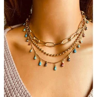 luxhoney chic gold plated 3 layers of link ball twisted bar chain choker necklace for women with colored enamel evil eyes charm