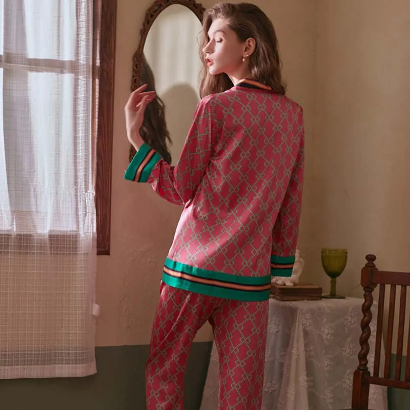 Roseheart New Red Women's Sleep Pajama Set Sleepwear Striped Sexy Nightwear Suits Faux Silk Plus Size 2 Pieces Plaid