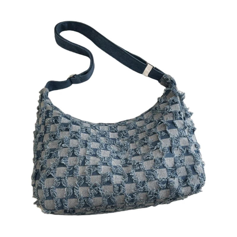 Практичная большая сумка через плечо женская джинсовая клетчатая потертая