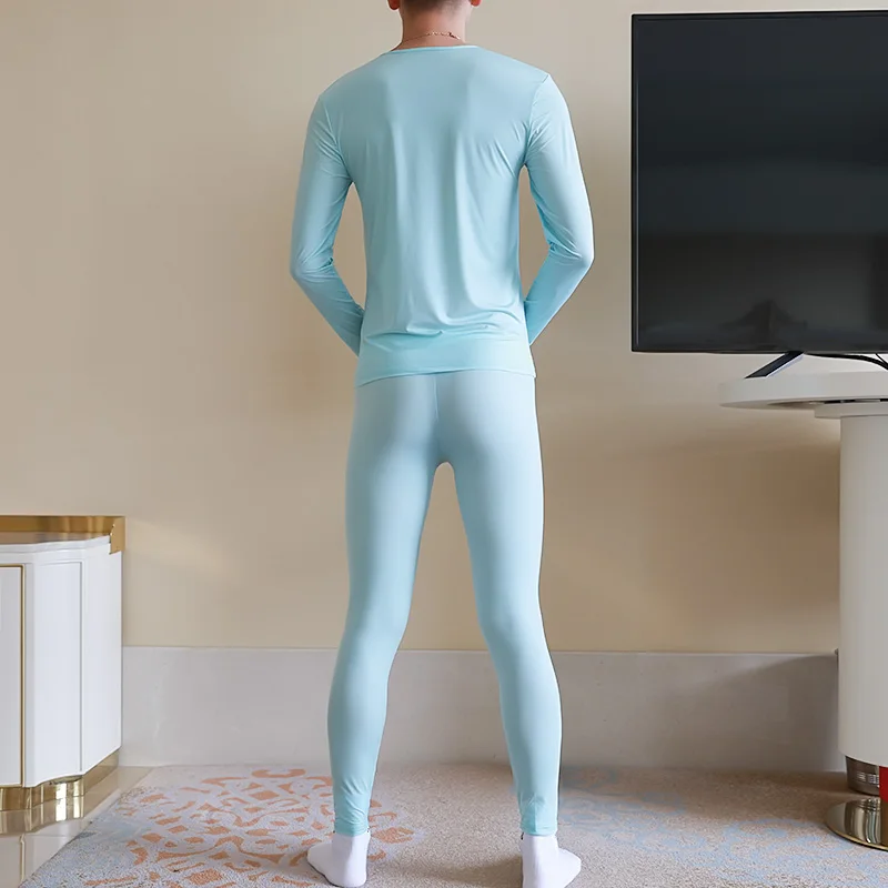 CLEVER-MENMODE Men Thermal Long Johns Set Underwear Sexy Ice Silk Long Sleeve Tops Elastic Ultra Thin Lingerie Sleep Bottoms