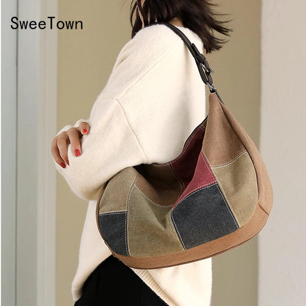 

Sweetown Female Bag Shoppers Fashion Handbags Shoulder Large Capacity Tote Bags 2022 Women's Crossbody Bag Canvas Shoulder Bag