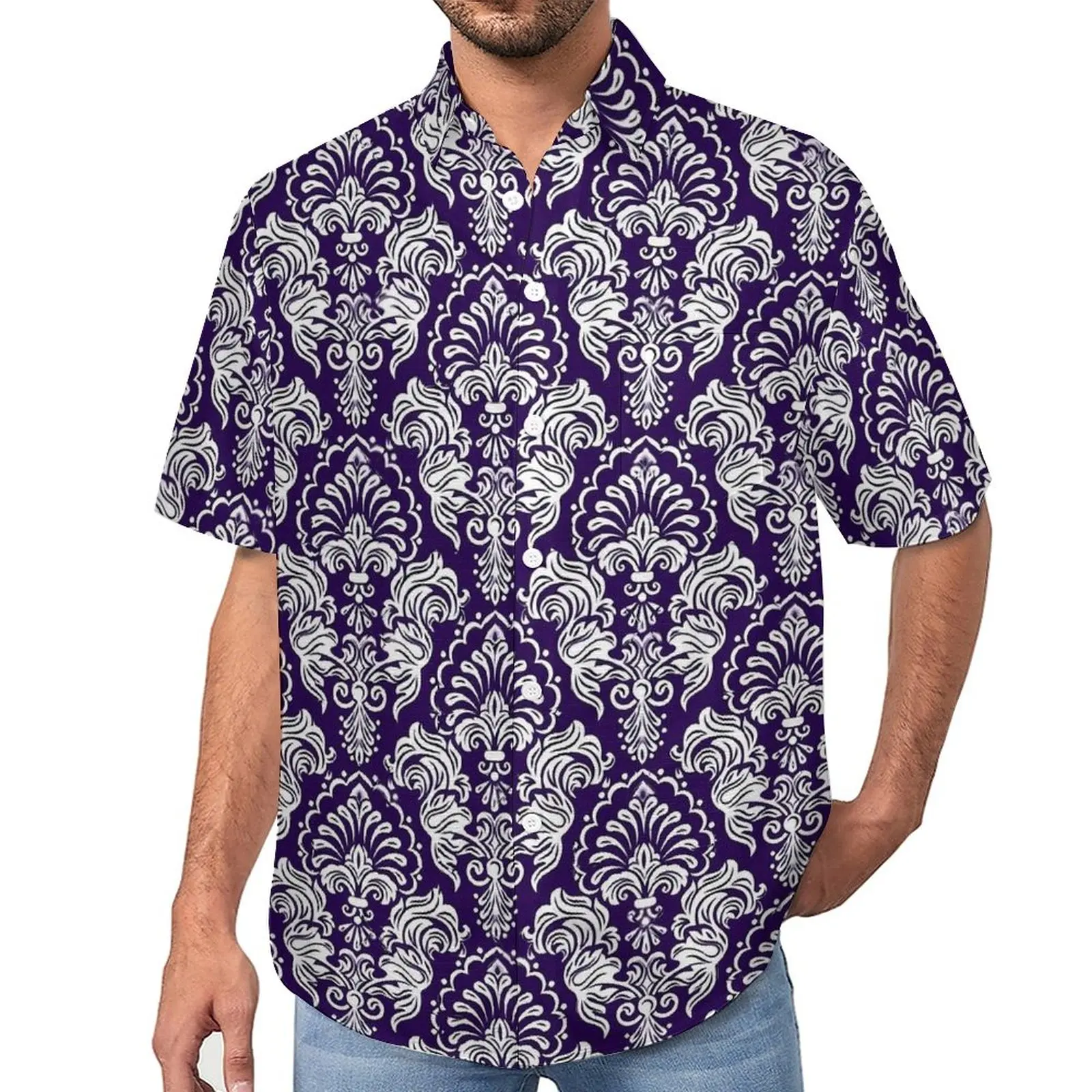 

Floral Baroque Casual Shirts Purple Print Beach Shirt Summer Funny Blouses Male Graphic Big Size 3XL 4XL
