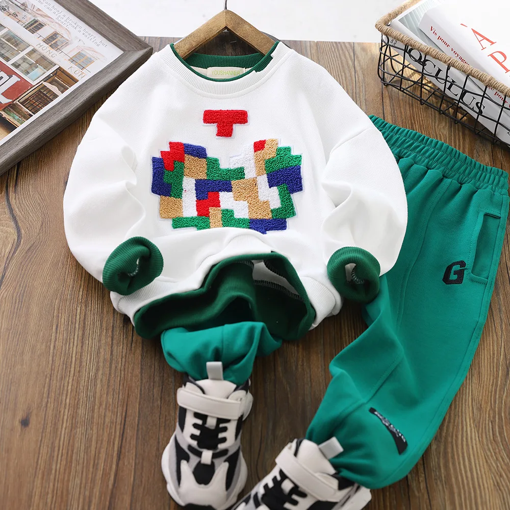 

Children Boy Cotton Clothes Set Patchwork Color Pullover Sweatshirt Sport Suit Spring Kids Sweater Pants 2pcs Loungewear 4-14Y