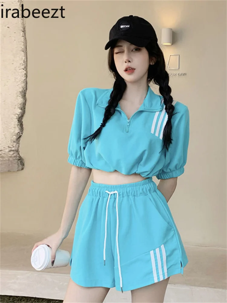 

Irabeezt Ins Casual Sports Suit Women 2022 Summer Korean Fashion Polo-neck Patchwork Loose Short-sleeved Top + Shorts Two-piece
