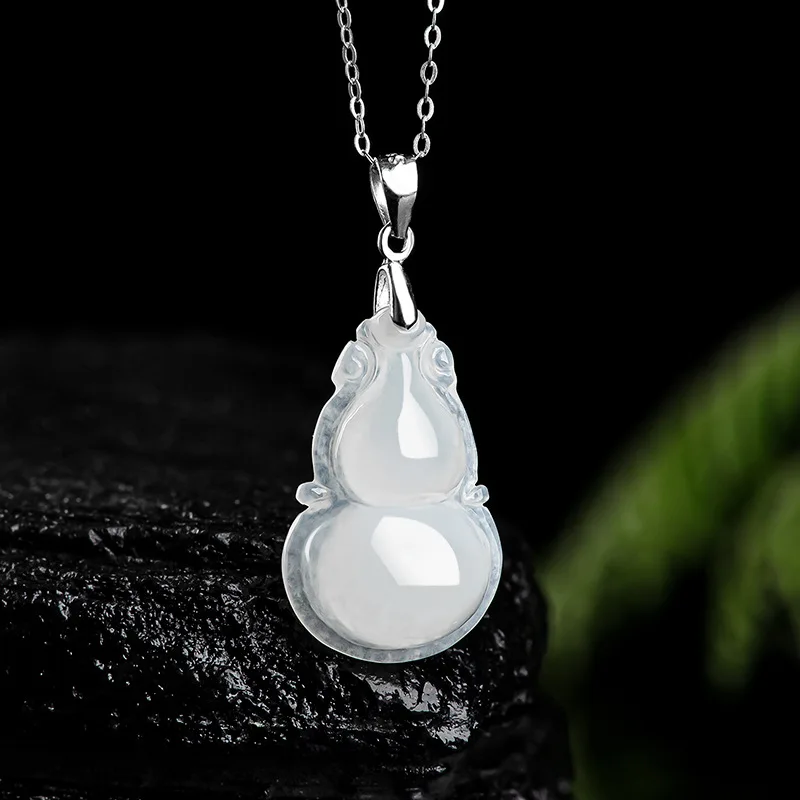 

Burmese Emerald Jade Gourd Pendants Stone Carved Vintage White Amulet Charms Natural Necklace 925 Silver Jadeite