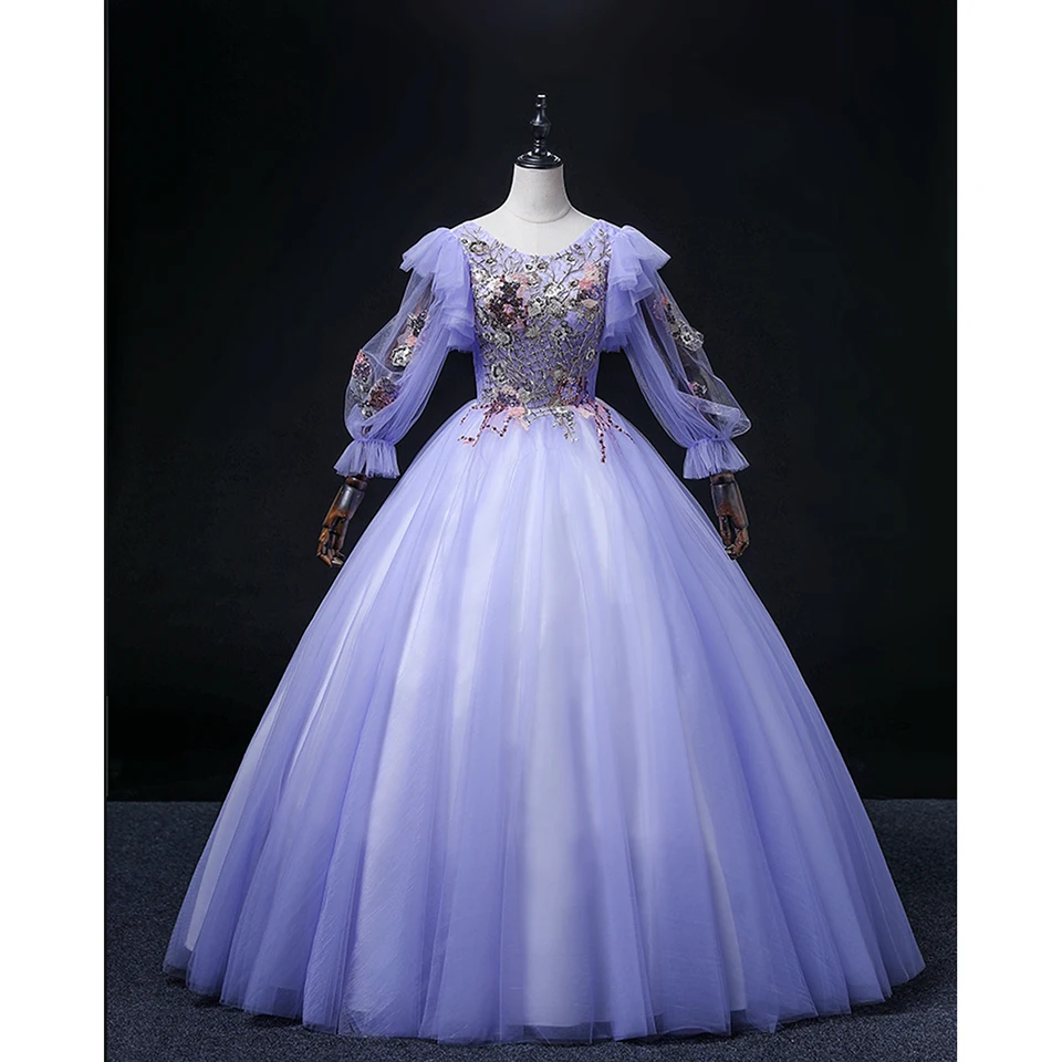 

Женское вечернее платье из фатина, элегантное фиолетовое платье с длинными рукавами-фонариками, круглым вырезом, аппликацией и блестками, д...