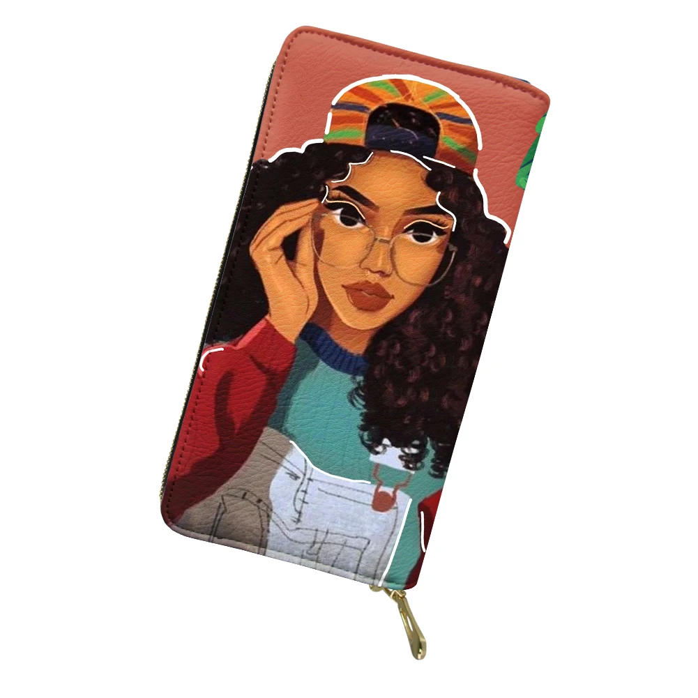 Cartoon African Cool Girl Pattern Long Wallets Portable Zipper Clutch Bag Woman Shopping Credit Card Holder Capacity Money Clip