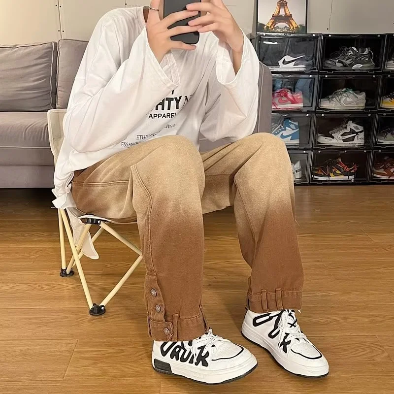 Brown Blue Baggy Jeans Men Fashion Retro Straight Jeans Mens Japanese Streetwear Hip Hop Loose Wide Legs Denim Trousers Men