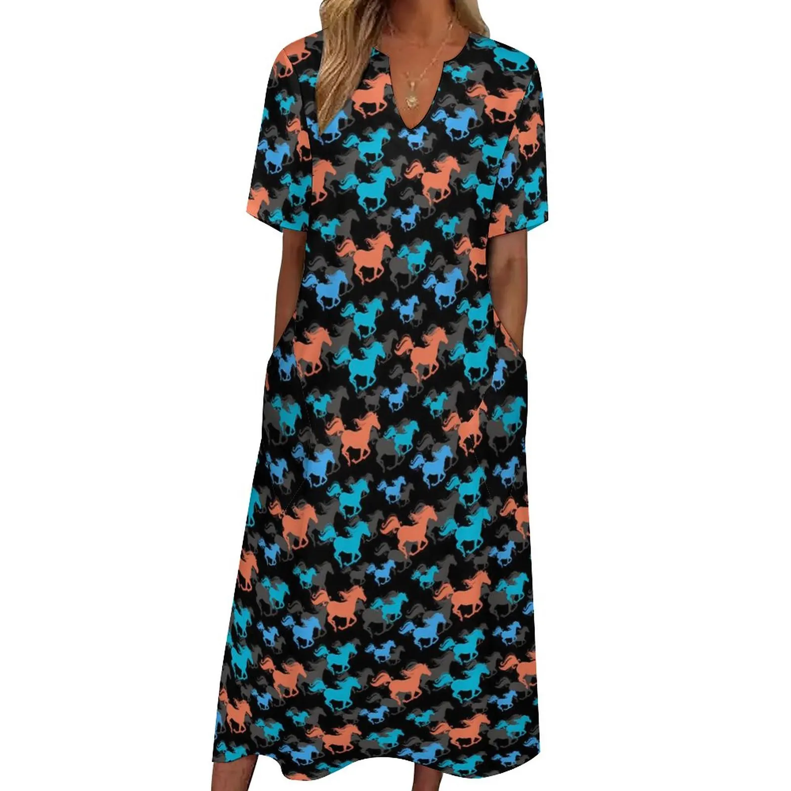 

Винтажное платье макси с принтом дикой лошади, длинное платье с коротким рукавом и графическим принтом в богемном стиле, уличная одежда большого размера