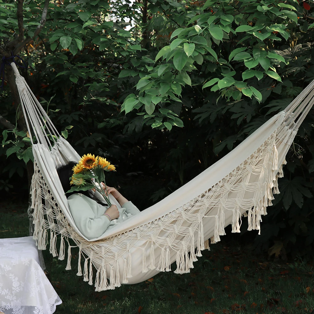 

200cm * 150cm Hammock Nordic Style Brazilian Macrame Tassel Luxury Double Hammock Net Chair Indoor Swing 2 Person Cotton