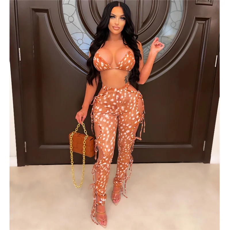 

Polka Dot Printed 2 Piece Club Outfits for Women Summer Vacation Beach Outfits Crop Top + Lace Up Hollow Out Pants Matching Sets
