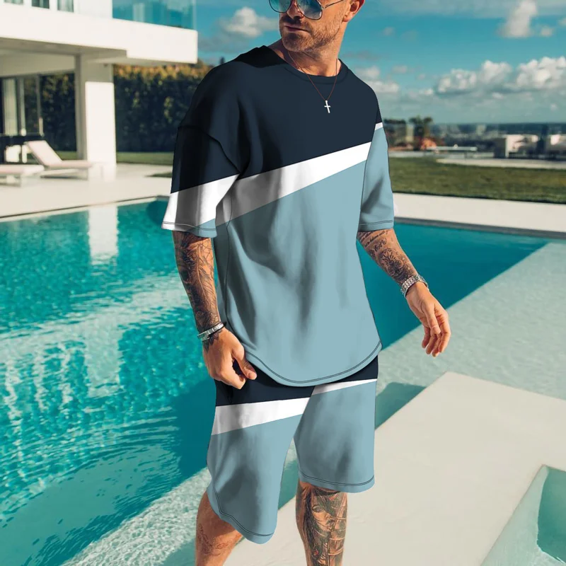 

Summer Men Sets Tshirt Outfits Beach Shorts Male Tracksuit Set Men's Fashion Stitching Color 2 Pieces Tops And Shorts Breathable