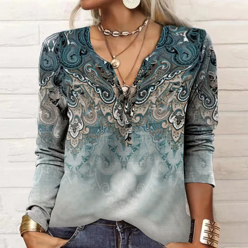 New Vintage Ethnic Style Floral Print Autumn Winter Womens Blouse Tops Casual Long Sleeve V-Neck Straight Boho Shirts Streetwear