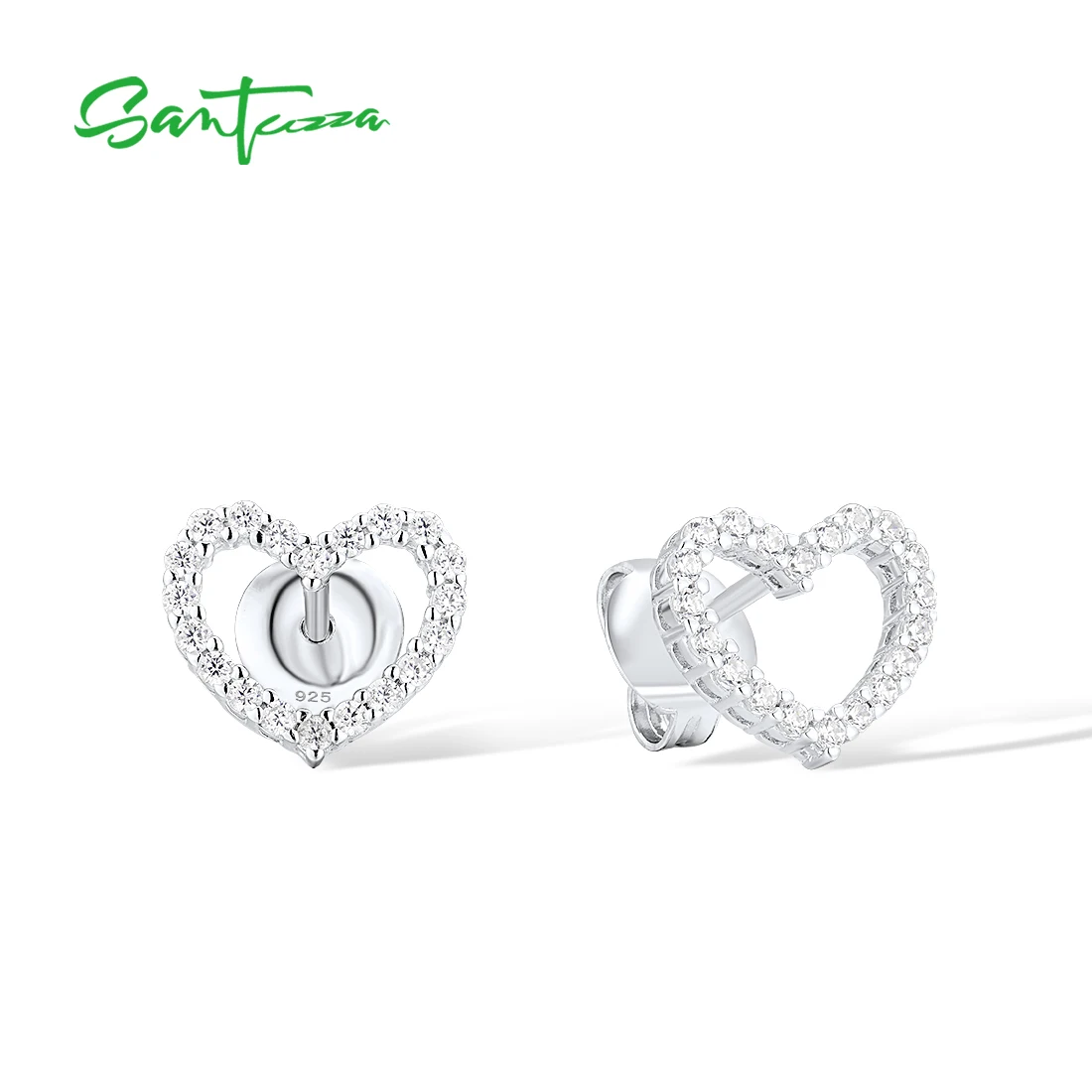 

SANTUZZA Real 925 Sterling Silver Stud Earrings For Women Sparkling White CZ Open Heart Shaped Simple Elegant Fine Jewelry