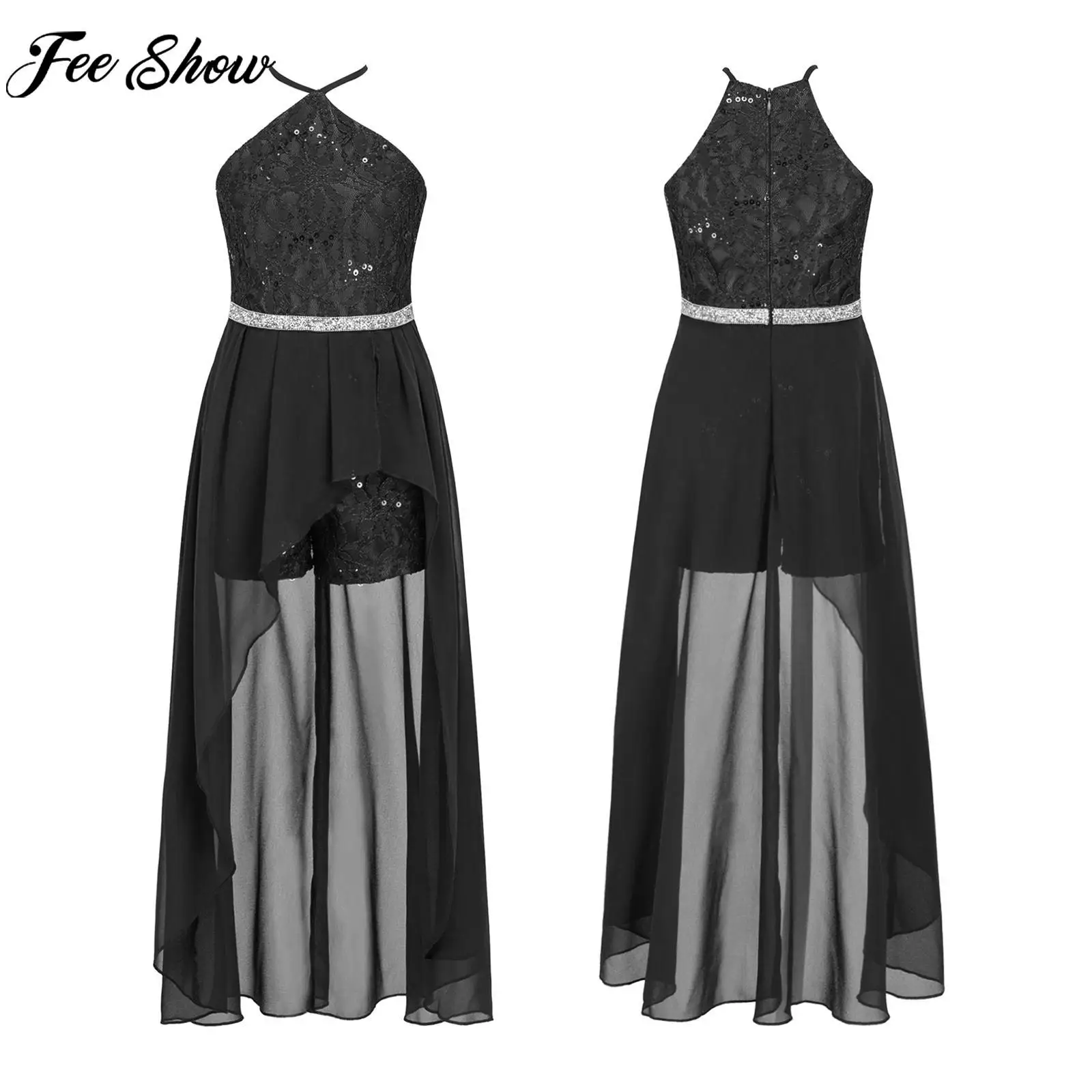 

Teens Girls Hi-low Hem Chiffon Party Dress Jumpsuit Wedding Bridesmaid Clothing Lyrical Dance Dress Tutu for Birthday Stage