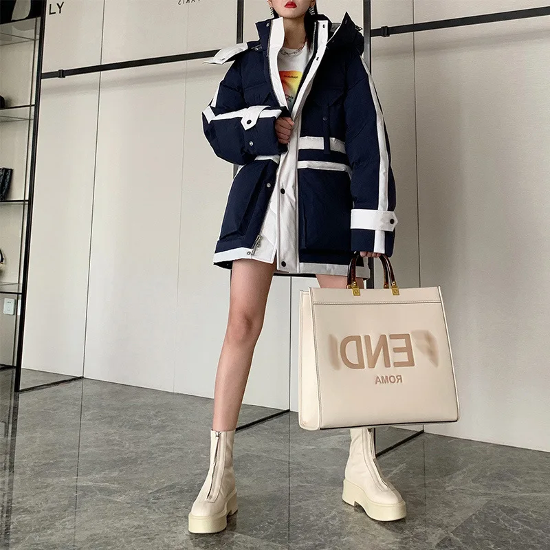 Winter Down Jacket White Duck Down Men and Women with The Same Paragraph Colour Blocking Thickened Medium-length Couples Jacket