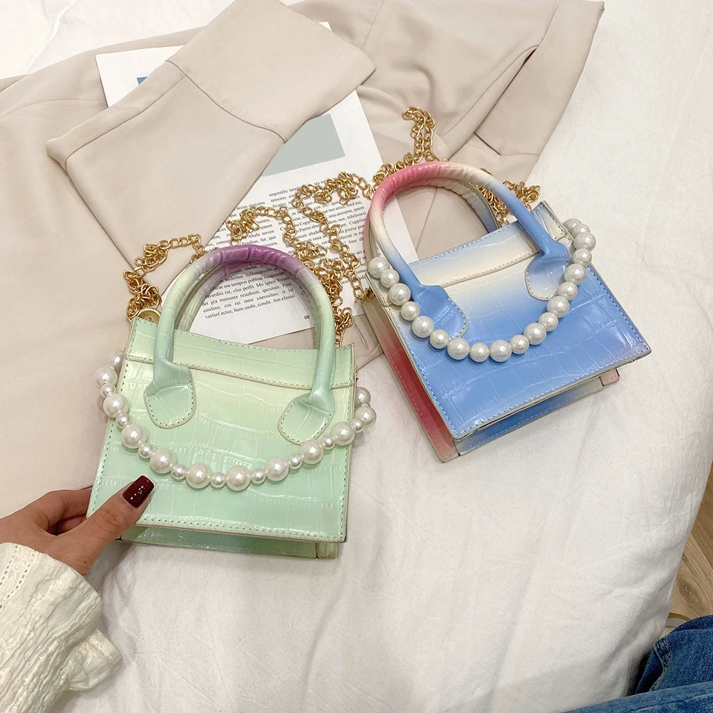 

Women Alligator Pattern PU Crossbody Bag Fashion Ladies Pearl Gradient Handbag Vintage Crocodile Pattern Shoulder Bag