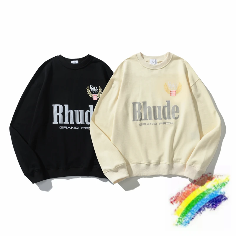 

Patchwork Wheat Badge Rhude Sweatshirts Men Women Crew Neck Crewneck