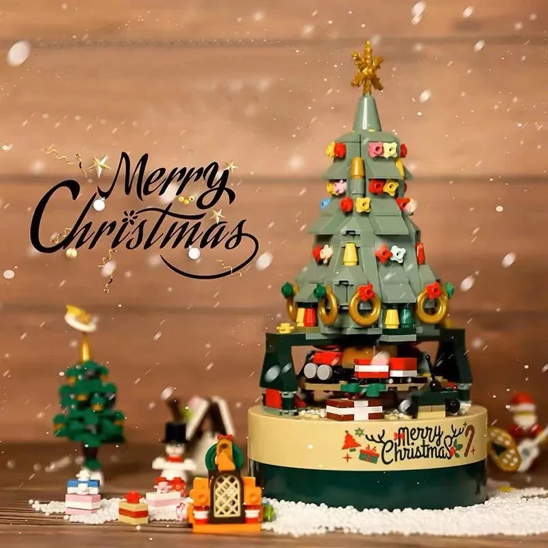 

Building Blocks Christmas Tree Building Block Rotating Music Box DIY Bricks Set Toys For Children Boys And Girls Christmas Gift